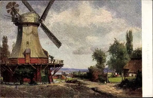 Künstler Ak Fischer-Coerlin, Windmühle, Dorfidyll