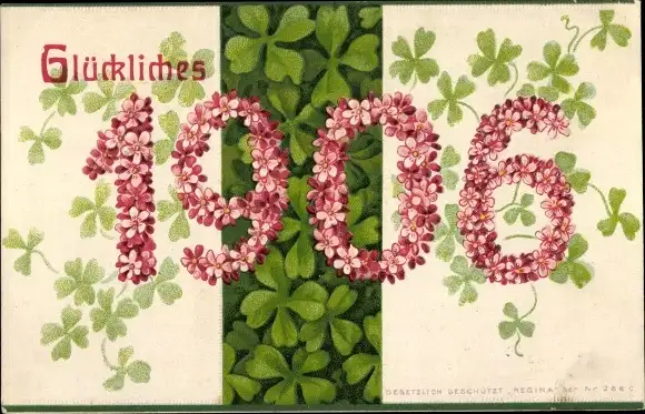 Präge Ak Glückwunsch Neujahr, Jahreszahl 1906 aus rosa Blüten, Kleeblätter
