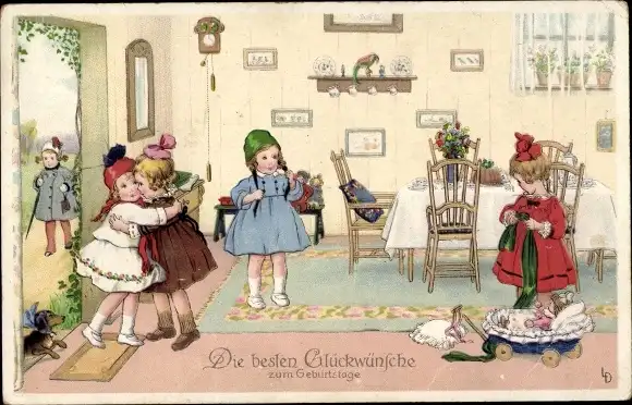 Künstler Ak Döring, Lia, Glückwunsch Geburtstag, Empfang der Gäste, Kinder, Dackel, Puppen