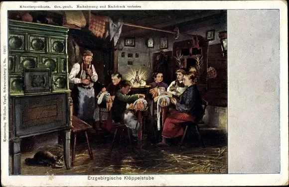 Künstler Ak Falk, G., Erzgebirgische Klöppelstube, Kachelofen