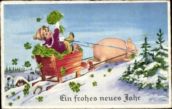 Ak Glückwunsch Neujahr, Schlittenfahrt, Schwein, Glücksklee