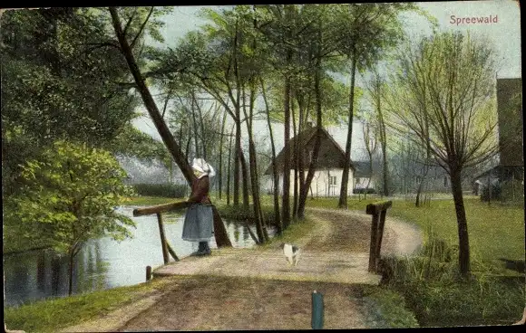 Ak Spreewald, Mädchen in Volkstracht, Brücke, Fluss