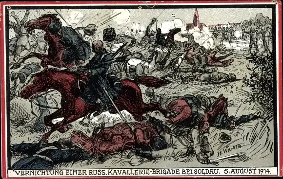 Künstler Ak Wenng, H., Vernichtung einer russischen Kavallerie-Brigade bei Soldau, 1914