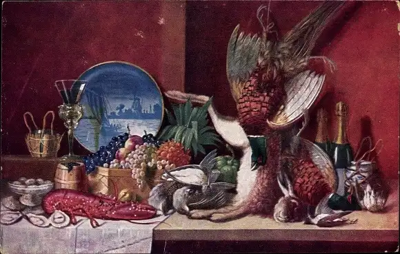 Ak Trauben, Sekt, erlegter Tiere, Fasan, Kaninchen, Hummer