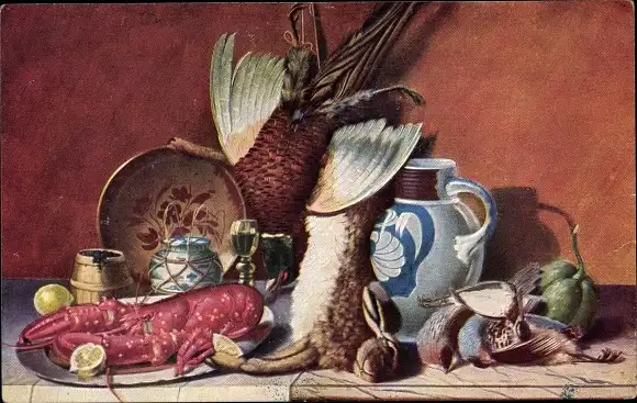 Ak Tisch, Essen, Erlegte Tiere, Vogel, Hummer, Hase, Krug, Teller