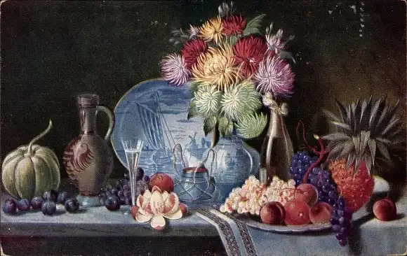 Ak Essen, Früchte, Blumenbase, Trauben, Mandarinen, Pflaumen