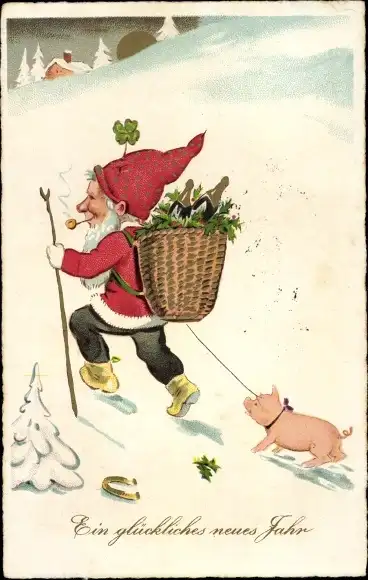 Ak Glückwunsch Neujahr, Zwerg, Schwein, Sektflaschen, Glücksklee