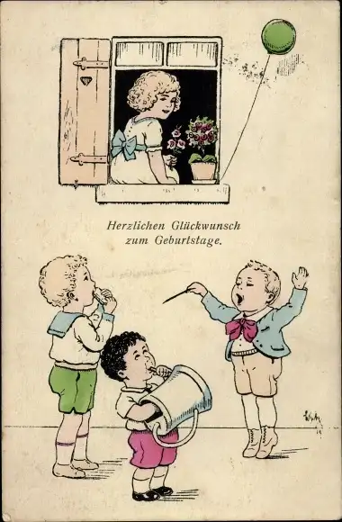 Künstler Ak Scheuermann, W., Glückwunsch Geburtstag, Singende Gratulanten, Ballon, Blumen