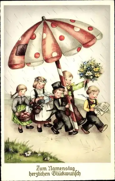 Künstler Ak Glückwunsch Namenstag, Gratulanten, Geschenke, Regenschirm