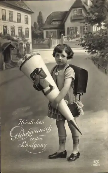 Ak Glückwunsch Einschulung, Schülerin, Schultüte, Schultasche