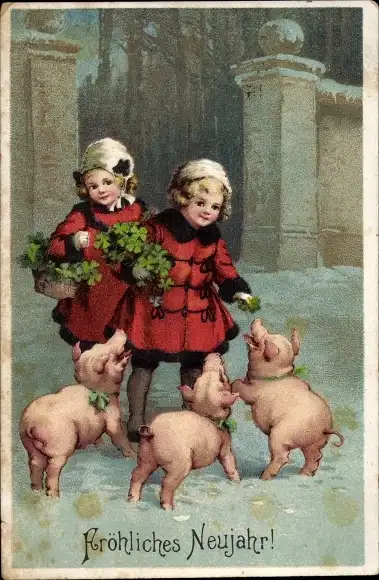 Präge Ak Glückwunsch Neujahr, Kinder, Glücksklee, Schweine
