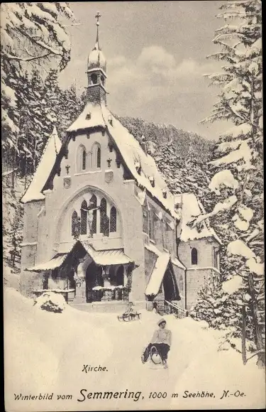 Ak Semmering in Niederösterreich, Kirche, Winteransicht, Schlitten