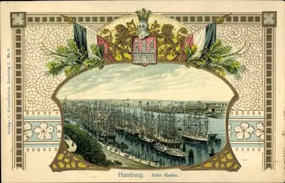 Präge Passepartout Litho Hamburg Mitte Altstadt, Segelschiffhafen, Wappen, Flaggen
