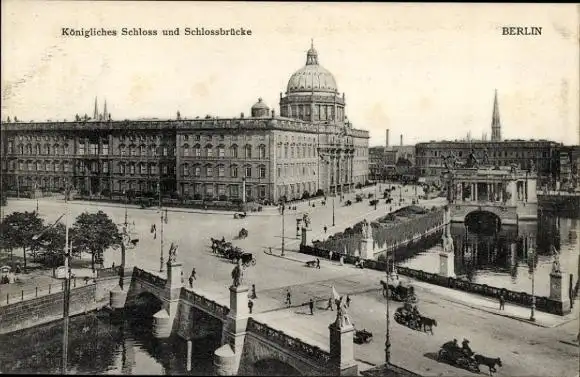 Ak Berlin Mitte, Königliches Schloss, Schlossbrücke, Kutschen