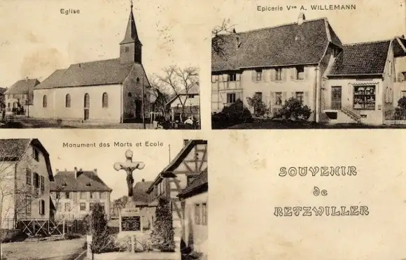 Ak Retzwiller Retsweiler Retzweiler Elsass Haut Rhin, Kirche, Epicerie, Monument des Morts et Ecole