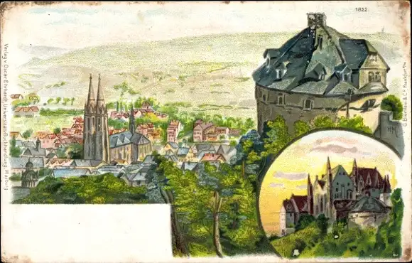 Litho Marburg an der Lahn, Gesamtansicht vom Berg