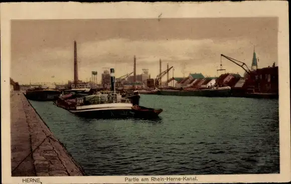 Ak Herne im Ruhrgebiet, Rhein Herne Kanal, Hafenanlagen, Frachtkahn