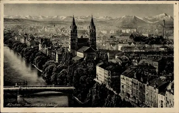 Ak München, Stadtpanorama, Brücke, Isar, Gebirge