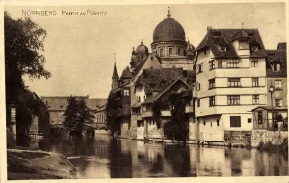 Ak Nürnberg in Mittelfranken Bayern, Partie an der Pegnitz, Synagoge, Insel Schütt