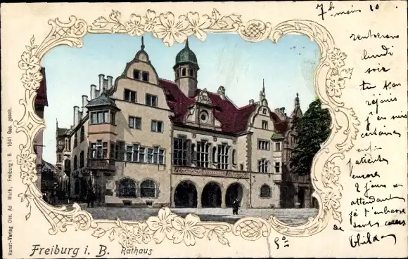 Präge Passepartout Ak Freiburg im Breisgau, Blick auf das Rathaus
