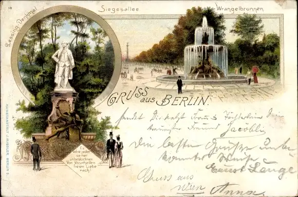 Litho Berlin Tiergarten, Wrangelbrunnen, Denkmal, Siegesallee