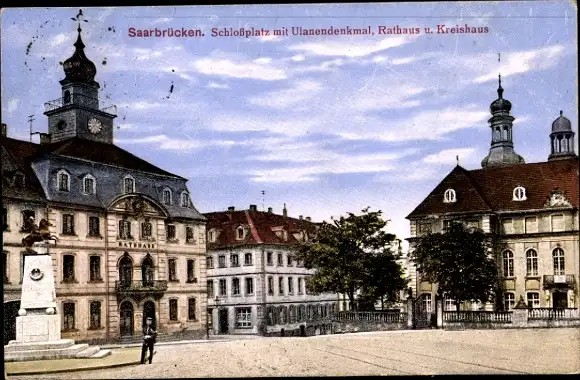 Ak Saarbrücken, Schlossplatz, Ulanendenkmal, Rathaus, Kreishaus