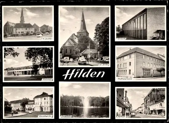Ak Hilden in Westfalen, Kirchen, Sparkasse, Gondelteich, Straßenansicht