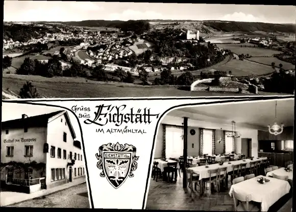 Ak Eichstätt in Oberbayern, Wappen, Totalansicht, Gasthof zum Trompeter, Außenansicht, Speisesaal