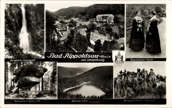 Ak Bad Rippoldsau Schapbach im Schwarzwald, Burbach-Wasserfall, Tracht, Kaiserstein, Gieswaldsee