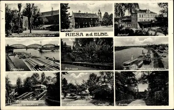 Ak Riesa an der Elbe Sachsen, Stadtpark, Klostermühlen-Ruine, Bahnhof, Freitreppe, Elbbrücke