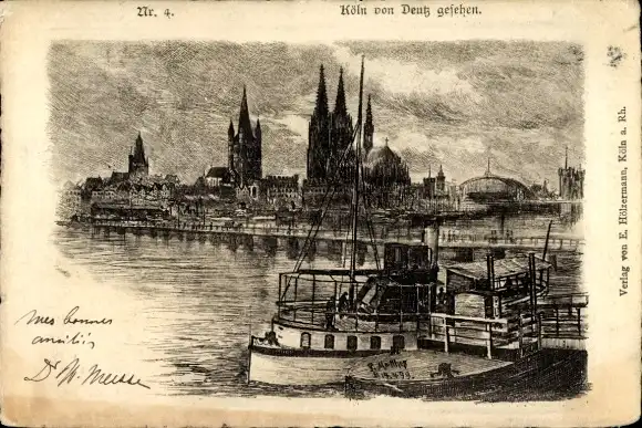 Künstler Ak Köln am Rhein, Blick von Deutz, Dom, Schiff