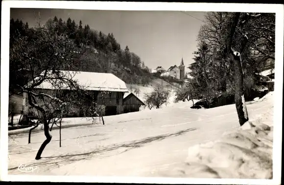 Ak Le Chatelard Savoie, Fachwerkhaus im Schnee