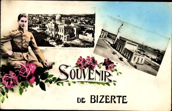 Ak Bizerte Tunesien, Soldat mit Rathaus und Bahnhof
