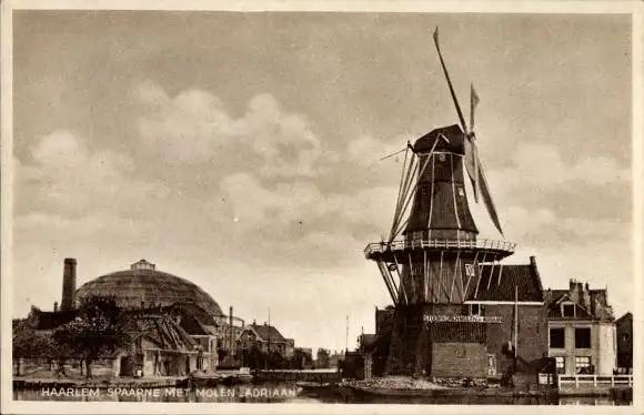 Ak Haarlem Nordholland Niederlande, Spaarne mit Mühle