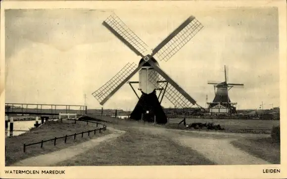 Ak Leiden Südholland Niederlande, Wassermühle Maredijk, Windmühle