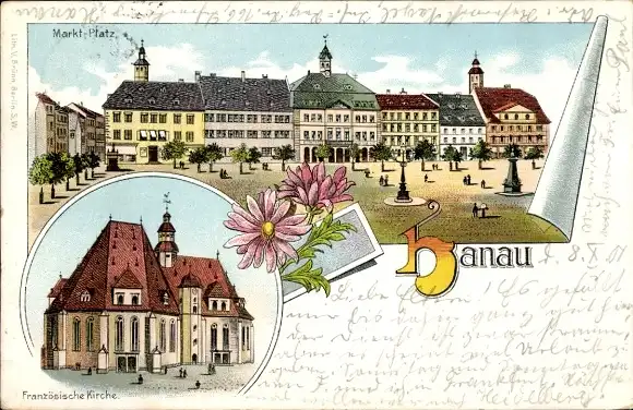 Litho Hanau im Main Kinzig Kreis Hessen, Marktplatz, Französische Kirche