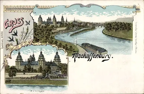 Litho Aschaffenburg in Unterfranken, Schloss Johannisburg, Panorama