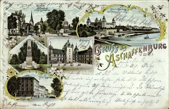 Litho Aschaffenburg in Unterfranken, Schloss Johannisburg, Panorama, Kirche, Kaserne, Denkmal