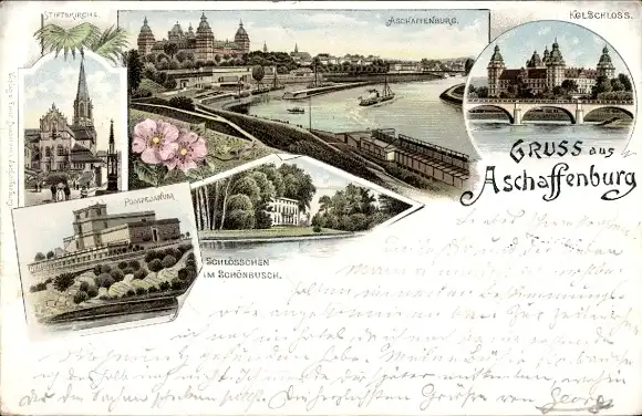 Litho Aschaffenburg in Unterfranken, Schloss Johannisburg, Pompejanum, Kirche