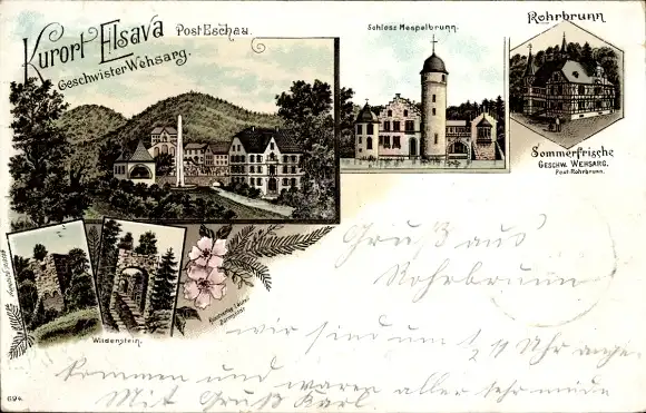 Litho Rohrbrunn Weibersbrunn im Spessart, Schloss Mespelbrunn, Elsava