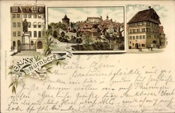 Litho Nürnberg in Mittelfranken, Albrecht-Dürer-Denkmal, Albrecht-Dürer-Haus