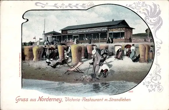 Ak Nordseebad Norderney Ostfriesland, Victoria Restaurant mit Strandleben