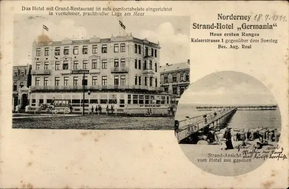 Ak Nordseebad Norderney Ostfriesland, Strand-Hotel Germania, Seebrücke