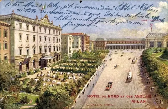 Künstler Ak Milano Mailand Lombardia, Hotel du Nord des Anglais, Außenansicht, Bahnhof
