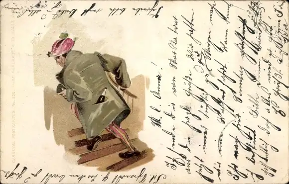 Litho Karneval, Mann im Kostüm auf einer Treppe