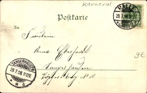 Litho Karneval, Mann im Kostüm auf einer Treppe