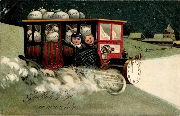 Präge Ak Glückwunsch Neujahr, Auto mit Geldsäcken, Uhr