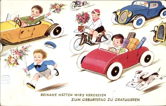 Künstler Ak Wills, John, Glückwunsch Geburtstag, Autos, Motorrad, Blumensträuße