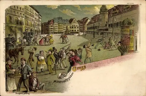 Litho Mitternachtsleben, Straßenszene bei Nacht