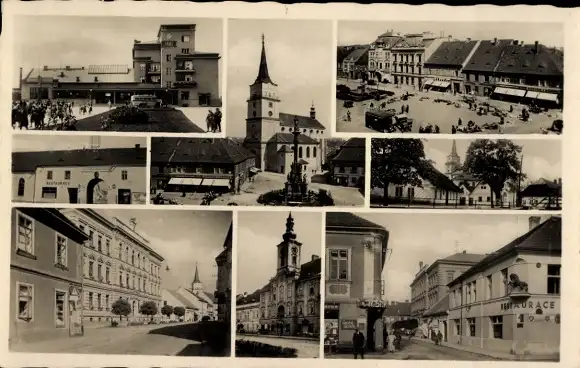 Ak Rokycany Rokitzan Region Pilsen, Detailansichten, Kirche, Marktplatz